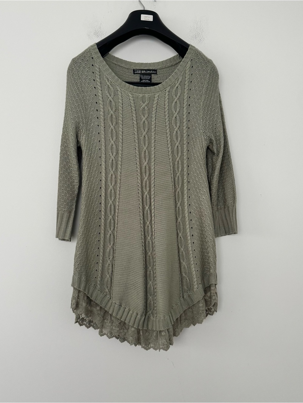 Womens S Olive Green Cable Knit Lace Hem Tunic Sweater Fairycore Cottage Boho